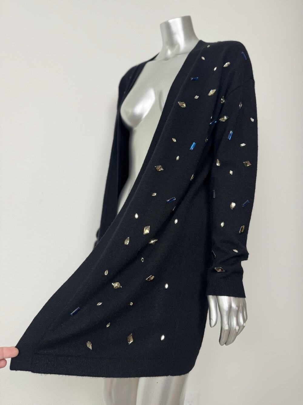 Saks Fifth Avenue 100% Cashmere Sweater Jewel Crystal Cardigan Black Long Small
